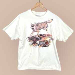 Vintage '96 Single Stitch Wolf Bird Graphic T Shirt Mens L Nature Wildlife USA